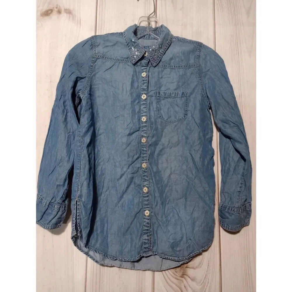 Justice Shirt Girls 10 Blue Chambray‎ Button Front Beaded